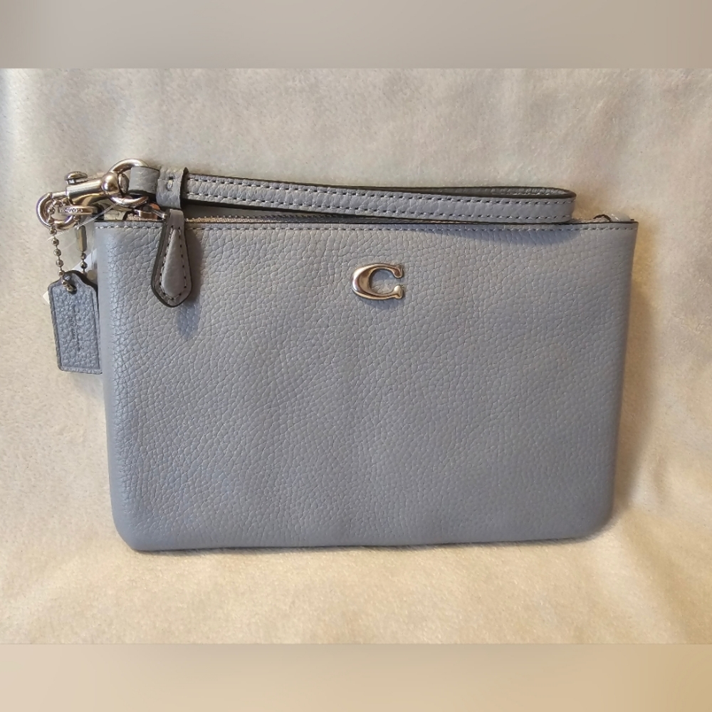 Coach Polished Pebble Small Wristlet, Grey Blue/Silver